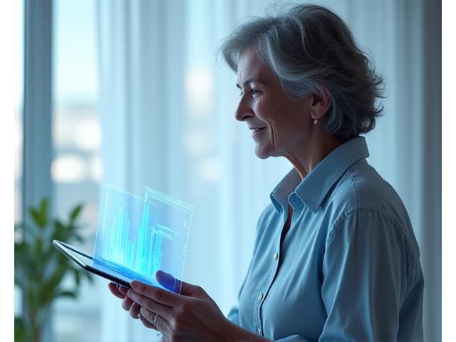 Mujer sonriendo mientras consulta una tablet, con gráficos de bienestar de fondo, simbolizando bienestar y tecnología personalizadas.