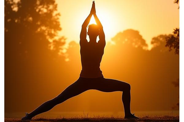 Una mujer atlética haciendo yoga al aire libre durante el amanecer, simbolizando optimización de rendimiento.
