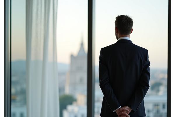 Hombre de negocios en una oficina moderna mirando por la ventana, simbolizando una pausa consciente.