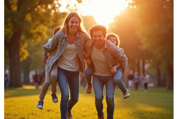 Padres sonriendo mientras juegan con sus hijos, simbolizando el equilibrio familiar.