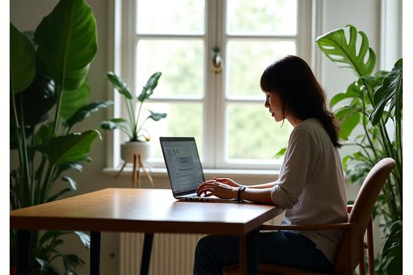Persona trabajando desde casa en un entorno acogedor, con una planta y luz natural, mostrando un equilibrio saludable.