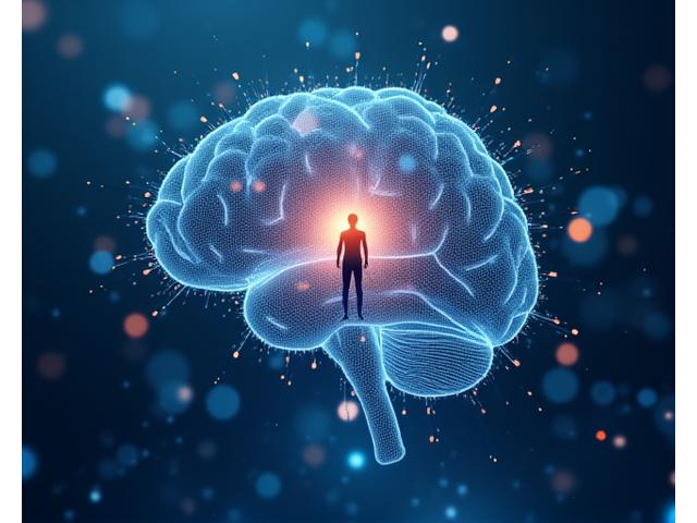 Visualización abstracta de una red neuronal o datos flotantes alrededor de una silueta humana, representando la personalización de la IA en el bienestar.